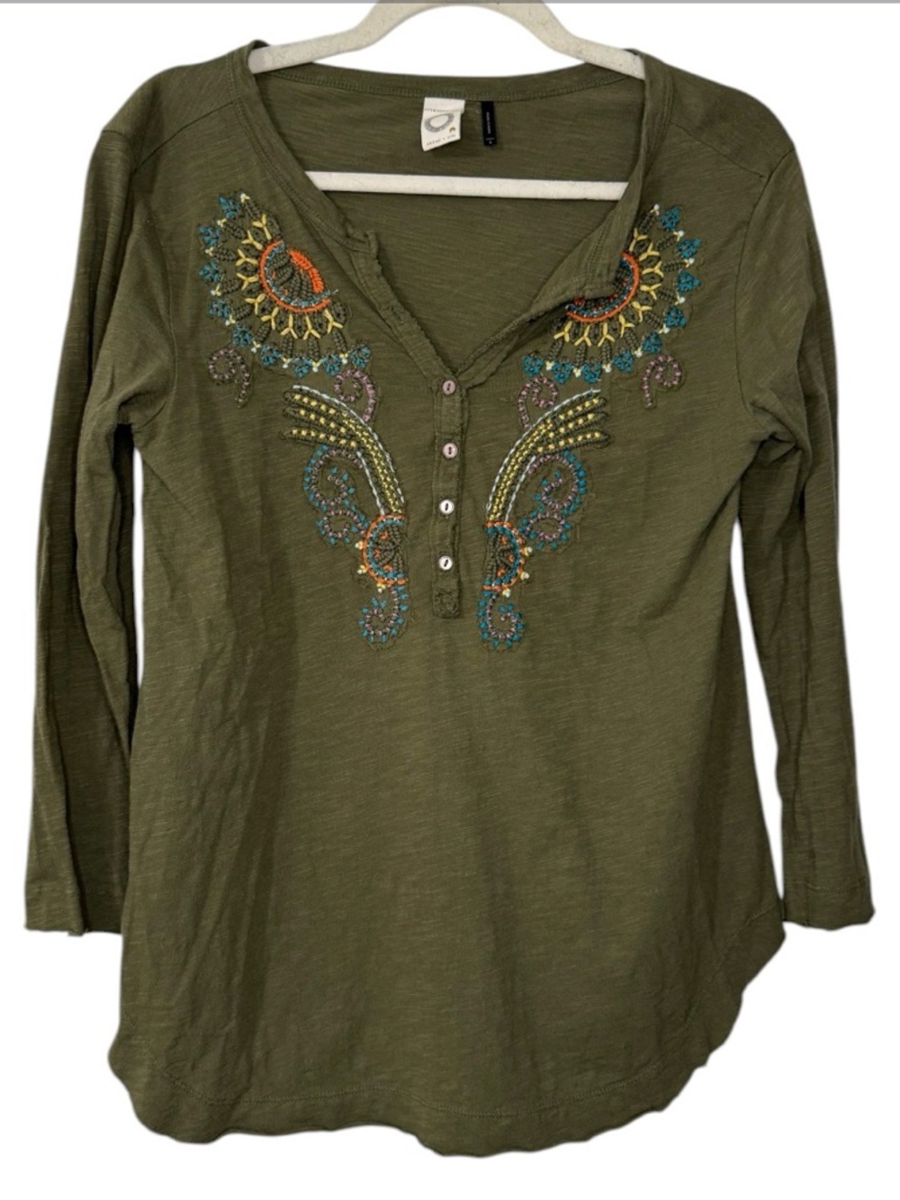 Akemi + Kin for Anthropologie Embroidered Olive Green Long-Sleeve Cotton Top